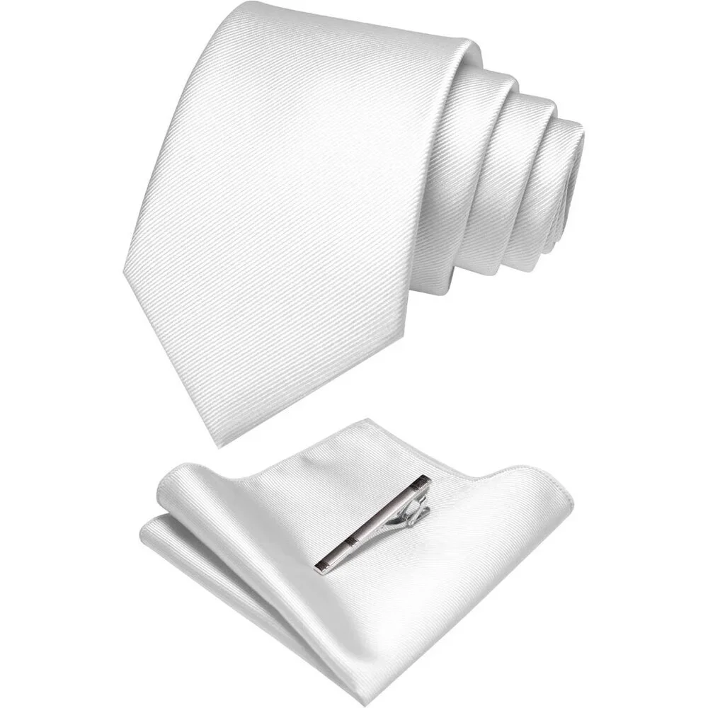 Men's White 2 Colour Formal Necktie and Pocket Square Tie Clip Sets